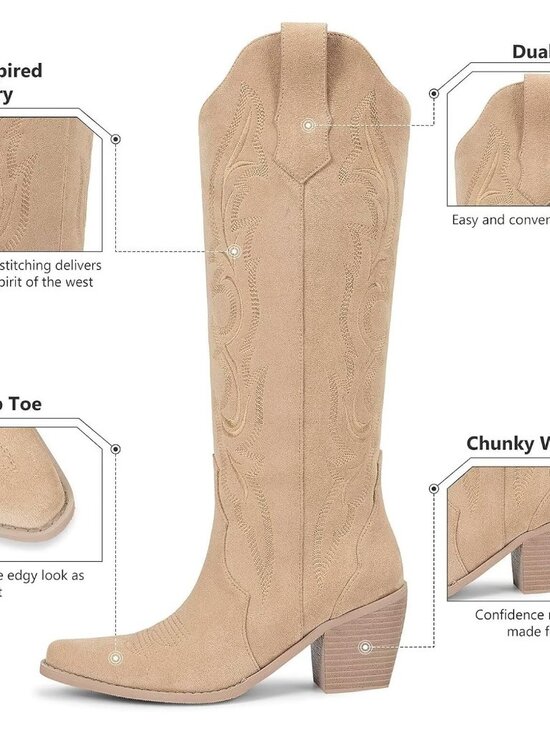 Women's Tan Embroidered Slip on Western Boot with Chunky Mid Heel Pointed Toe - Picture 5 of 6